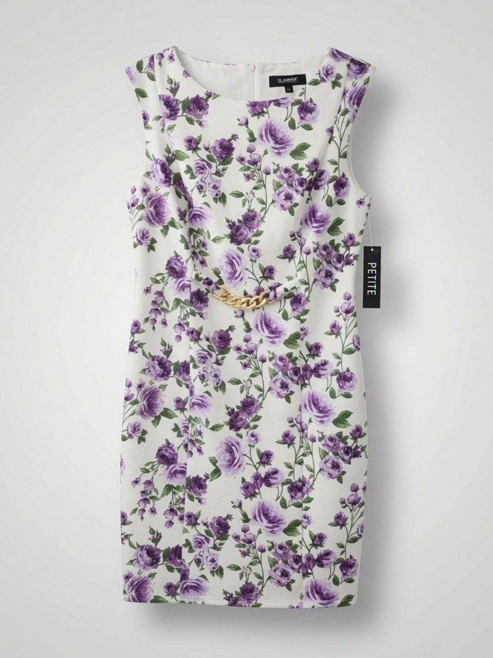 Glamour Cream Midi Dress with Purple Floral Print Gold Chain Size 10P Boho Chic